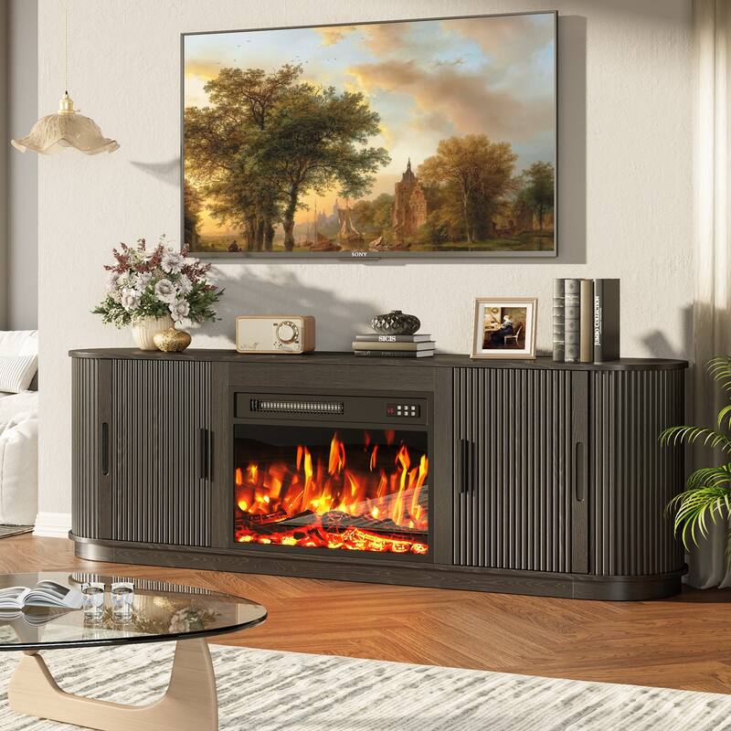 BOSSIN 70" Electric Fireplace TV Stand with Fluted Design, Curved Edges, 7 Flame Colors & 8H Timer, Holds Up to 80" TV, Black