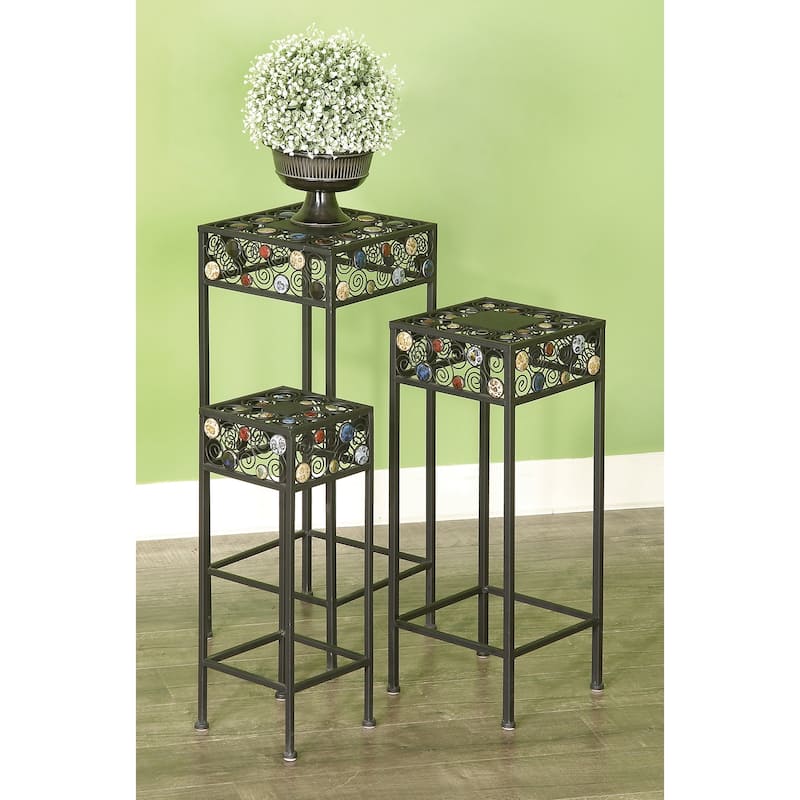 Black Metal 3 Tier Scroll Indoor Outdoor Plantstand with Colorful Jewels (Set of 3) - Black