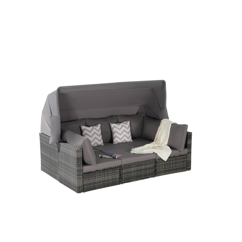 3-seat Sofa with Retractable Canopy, 2 Single Armless Chairs and Side Table - 5 Pieces Furniture Set Convertible Modular Daybed