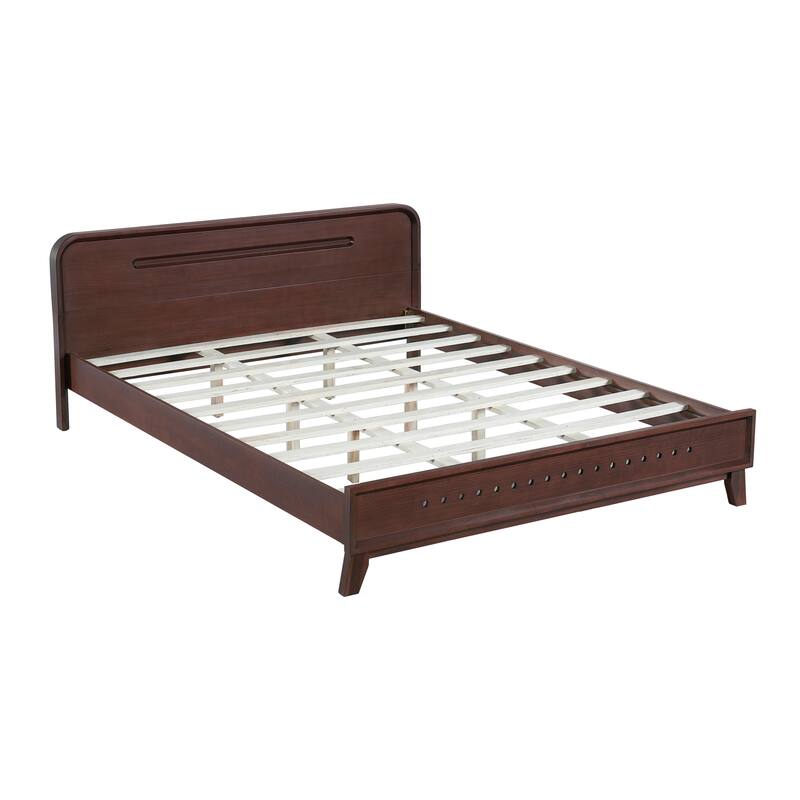 Rustic Pine Wood Bed Frame Low-Profile Platform Bed with Panel Headboard Solid Wood Slat Support and Extra Wide Thickened Legs