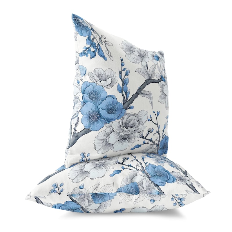 White And Blue Petal Poetry Indoor/Outdoor Throw Pillow Zipper