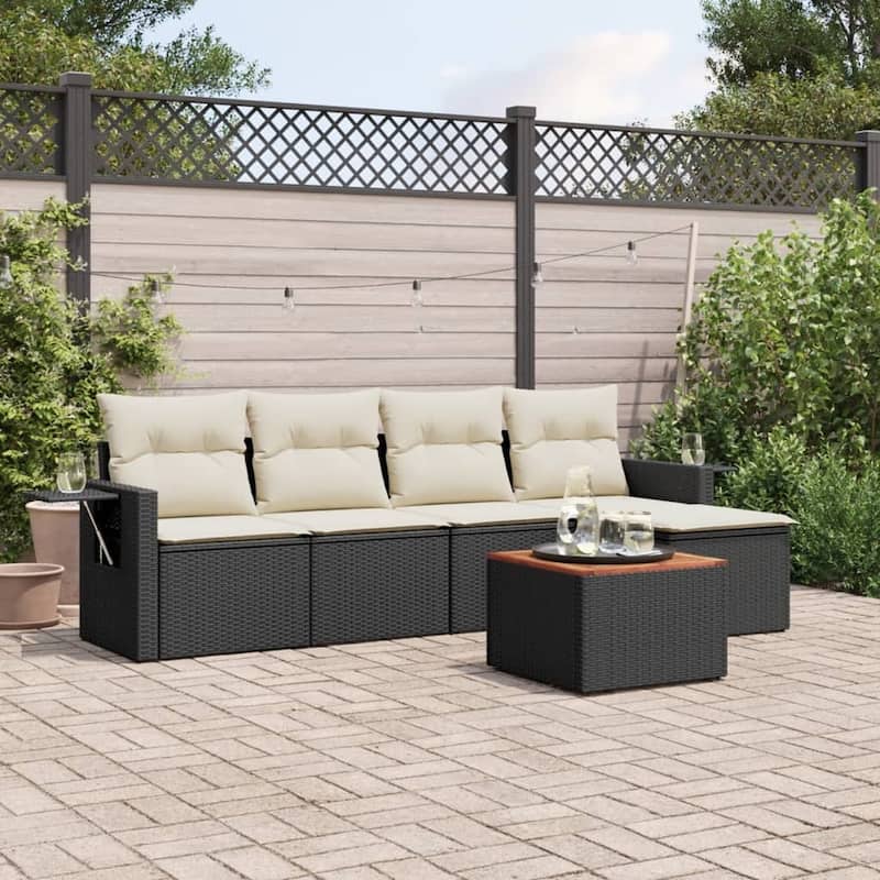 vidaXL Garden Sofa Set 6 Piece with Cushions Outdoor Sofa Set Poly Rattan - 21.7 x 21.7 x 14.6 in (W x L x H) - Black and Cream