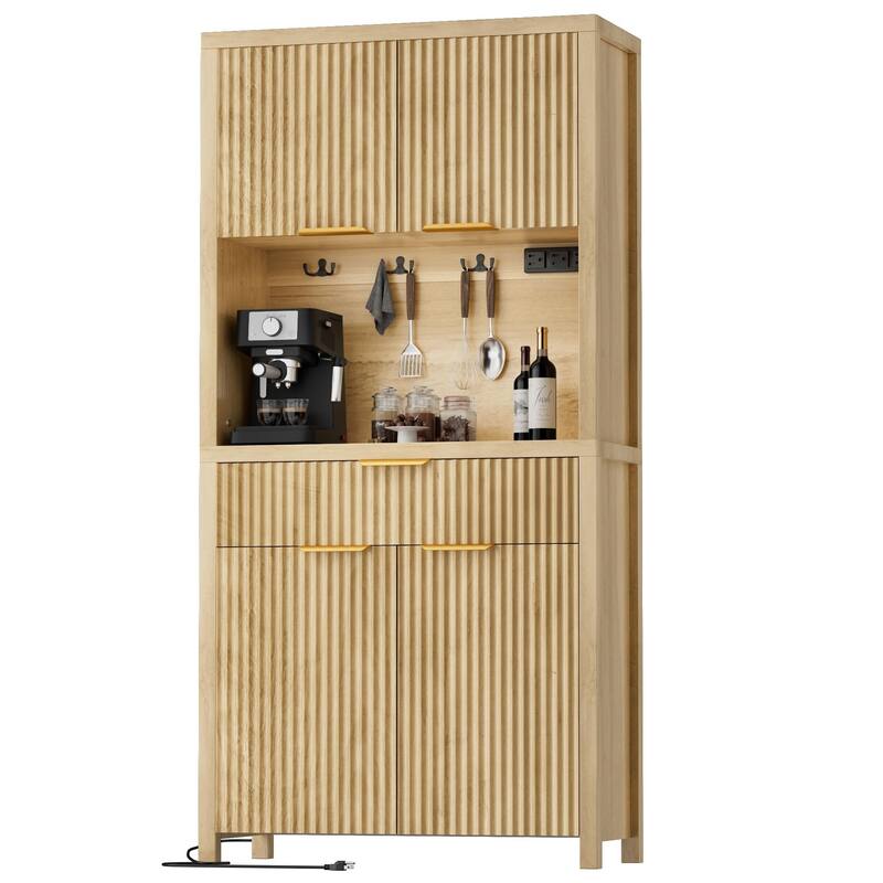 71"Pantry Storage Cabinet with Drawer, Charging Station and Open Countertop for Dining Living Room