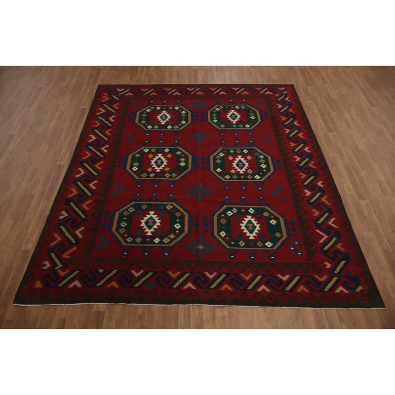 Hand Woven Oriental 100% Wool Carpet Southwestern Tribal Red Kilim Area Rug - 9' 11'' X 8' 6''