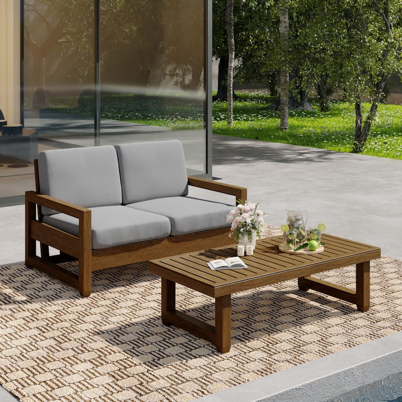Outdoor Patio Loveseat Table Set Teak Wood with Cushion - Natural Wood - Light Grey