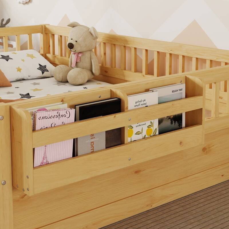 Wood Floor Bed Frame with High Rails,Light and Storage Shelf