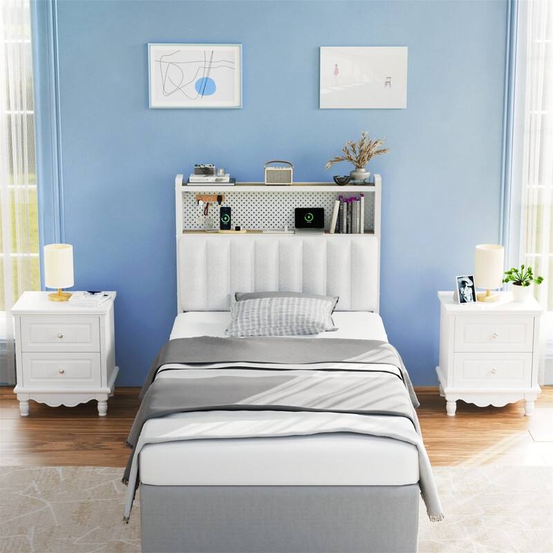 Adjustable Upholstered Headboard with 2 Tier Shelves with Charging Stations and LED Lights, Modern Bed Headboard with Storage