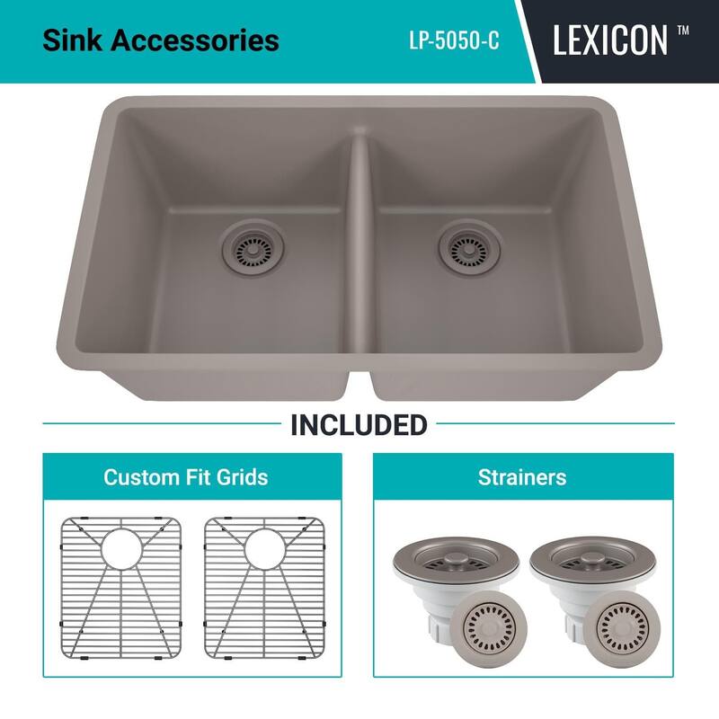 Lexicon Platinum 32" Quartz 50/50 Double Bowl Sink with Grids & Drain