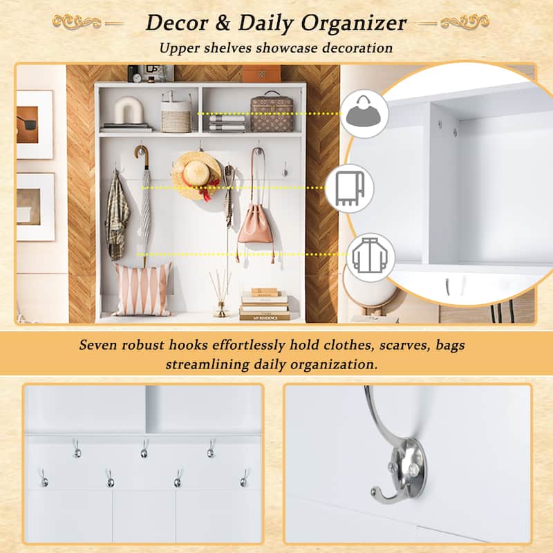 43.3" 3-in-1 Wood Coat Rack with Adjustable Shelves and 7 Hooks