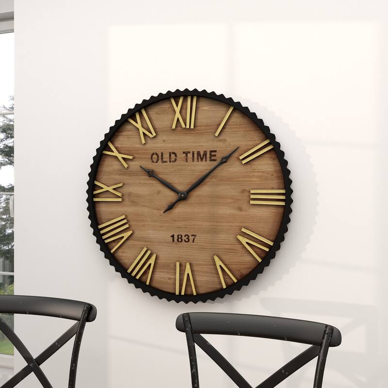 Brown Wooden Decorative Wall Clock with Gold Accents