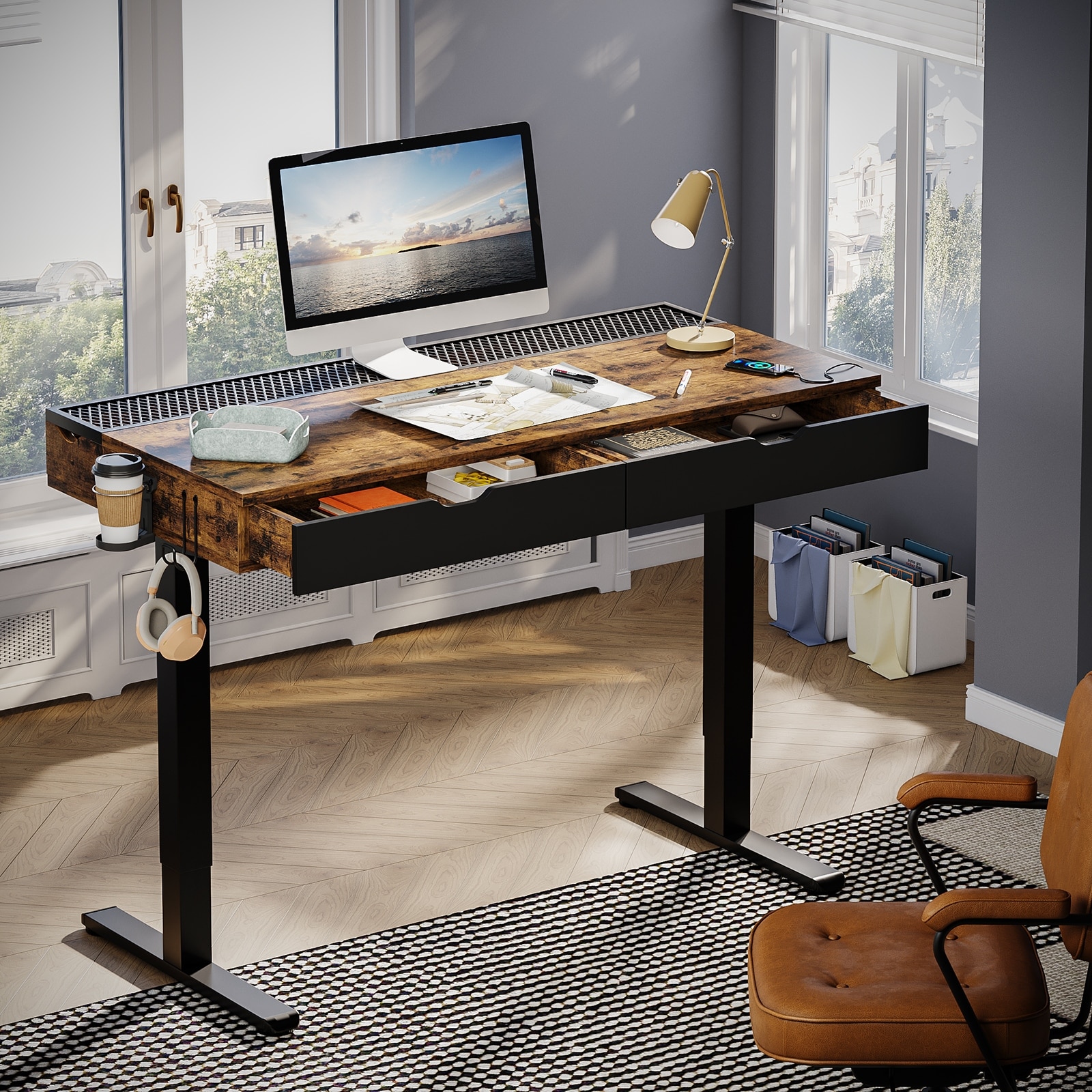 Standing Desk Electric Height Adjustable Gaming Desk with Drawer USB Port and LED Light Computer Desk