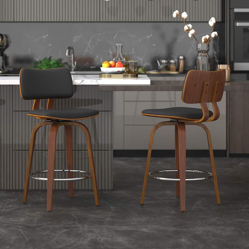 Mid-Century Faux Leather and Wood 26" Counter Stool with Swivel, Set of 3 - White and Walnut