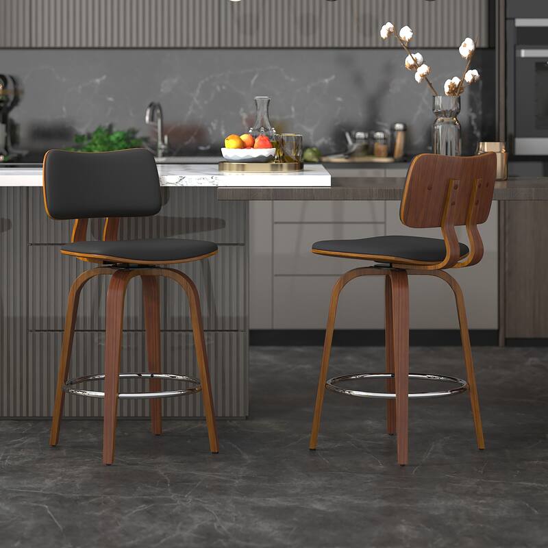 Mid-Century Faux Leather and Wood 26" Counter Stool with Swivel, Set of 4 - White and Walnut