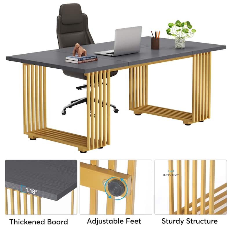 70.9" Modern Office Desk, White Executive Desk with Gold Metal Frame