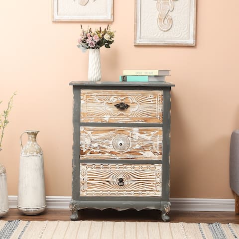 Rustic Grey Carved Wood 3-drawer Chest Nightstand