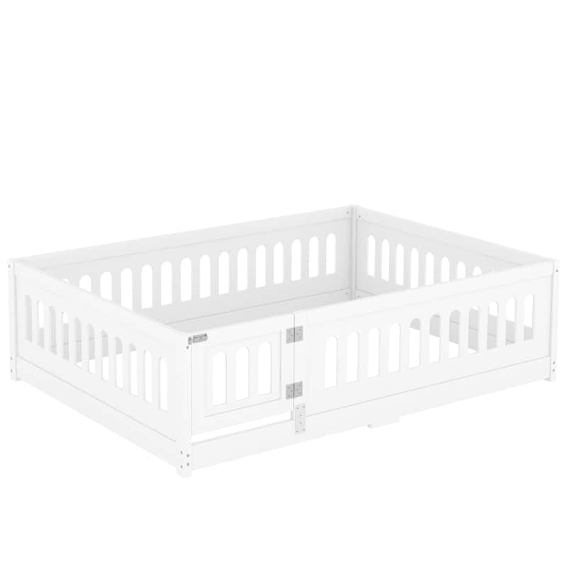 Full Size Montessori Floor Bed with Safety Guardrails & Door - Solid Wood Frame