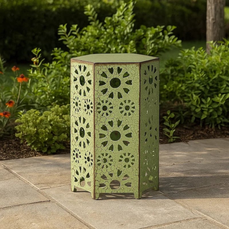 Liana Outdoor Side Table, Hexagonal 12 Inch, Sunburst Cut Out, Green