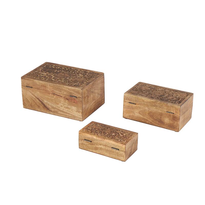 Mango Wood Floral Handmade Decorative Box with Hinged Lid - Set of 3 Brown or White - Roche River Decor