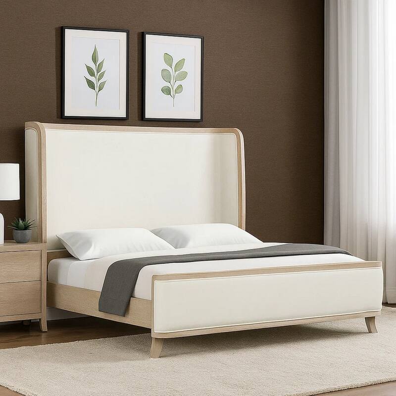 Fea Queen Bed, Natural Oak, Shelter Padded Headboard, White Upholstery