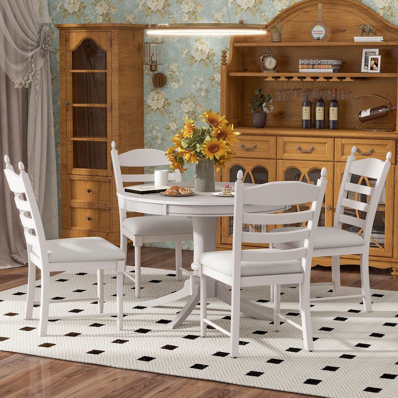 Retro 5-Piece Dining Table Set with Extendable Round Table and Upholstered Chairs for Elegant Dining