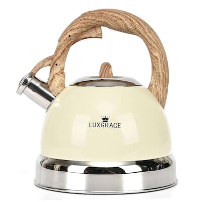 Creative Home 3.0 Qt. Stainless Steel Whistling Tea Kettle with Ergonomic Handle for Fast Boiling Heat Water, Creamy White