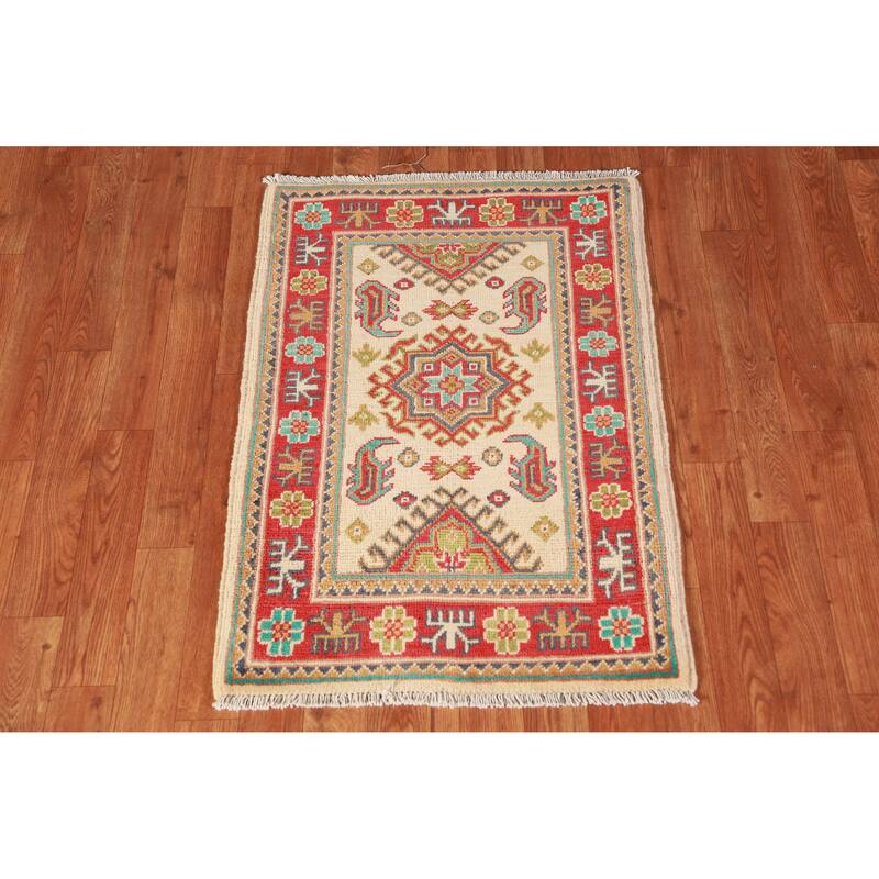 Traditional Kazak Oriental Accent Foyer Rug Handmade Beige Wool Carpet - 2'0"x 3'0"
