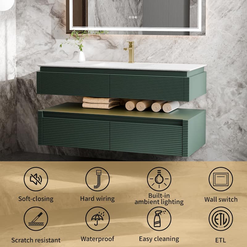 Modland 48" Modern Wall-Mounted Single Sink Bathroom Vanity with Engineered Stone Countertop,Soft-Close Drawers