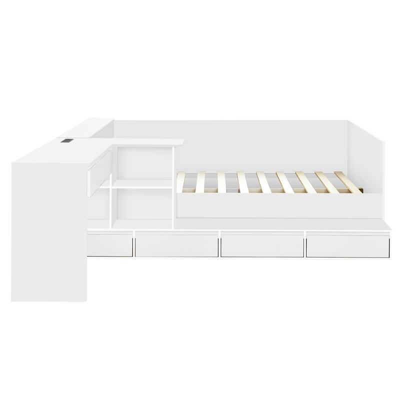 Full Size White Wooden Platform Bed with Drawers, Shelves, and Dressing Table