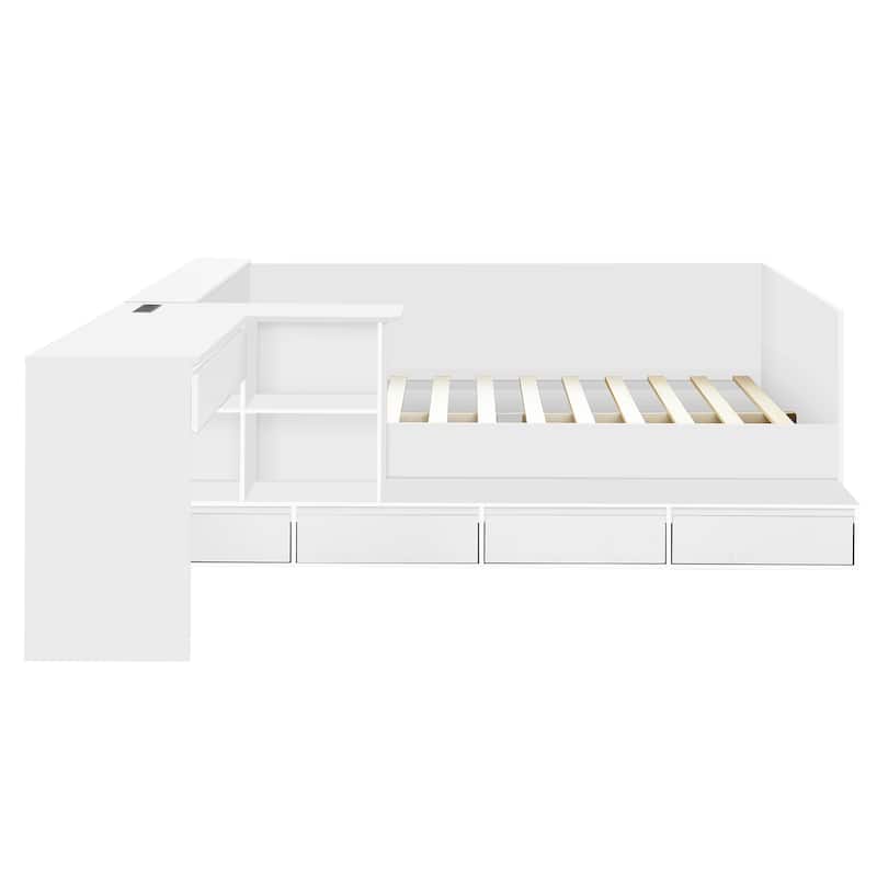 Wooden Platform Bed with L Shaped Dressing Table, Full Size Storage Bed Frame with 6 Drawers, Shelves and Storage Headboard