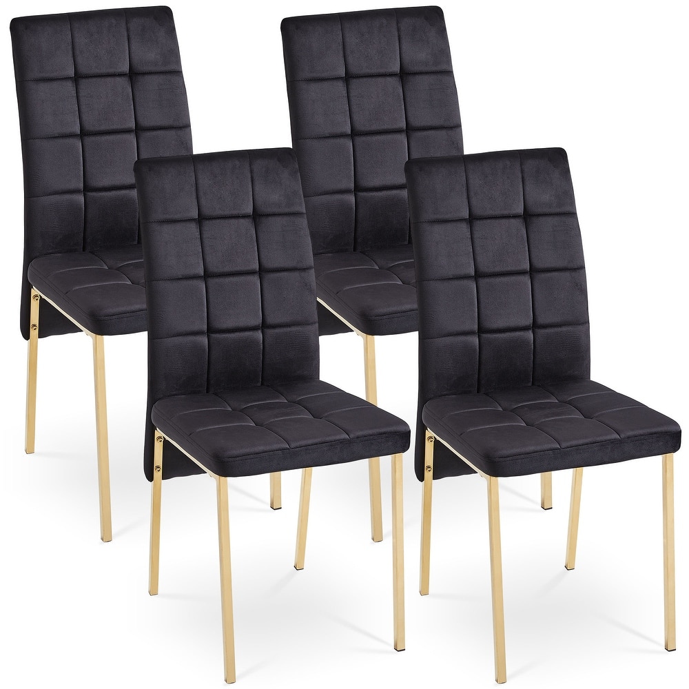 Black Velvet High Back Nordic Dining Chair Modern Fabric Chair with Golden Color Legs-Set of 4