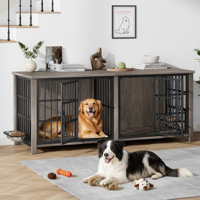 Large Dog Crate Furniture, 78"L Wooden Dog Crate Kennel with Removable Divider - Grey