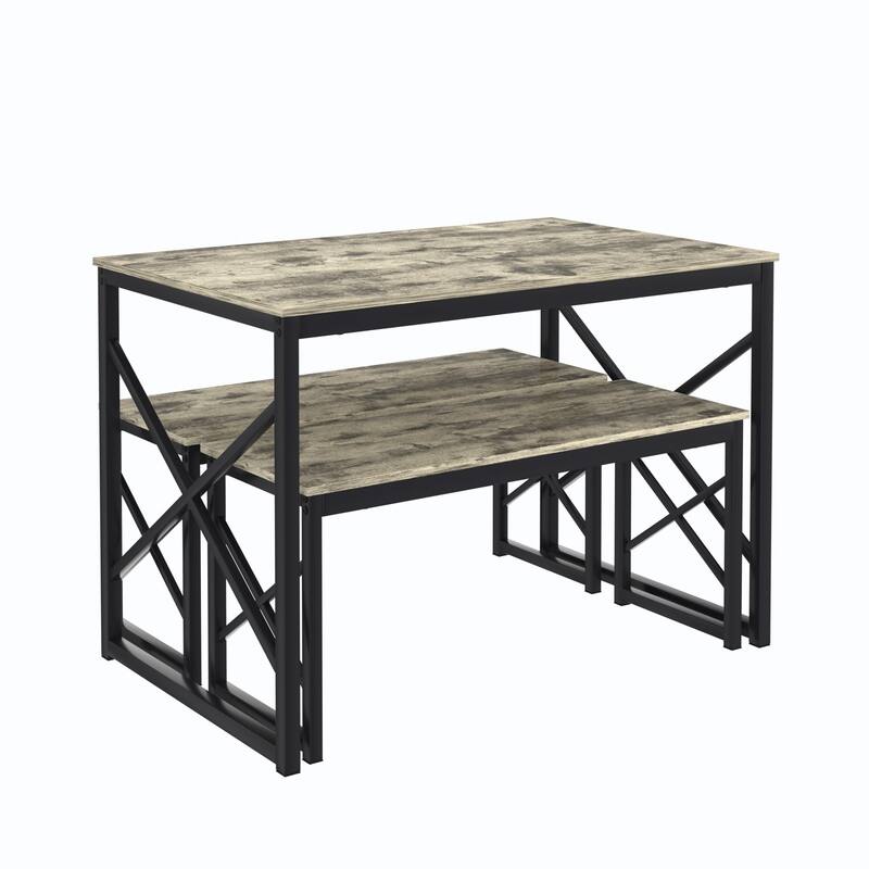 Javlergo Industrial Grey 3-Piece Dining Table Set with 2 Benches X-Frame Design Space Saving Kitchen Table Set for 4 People
