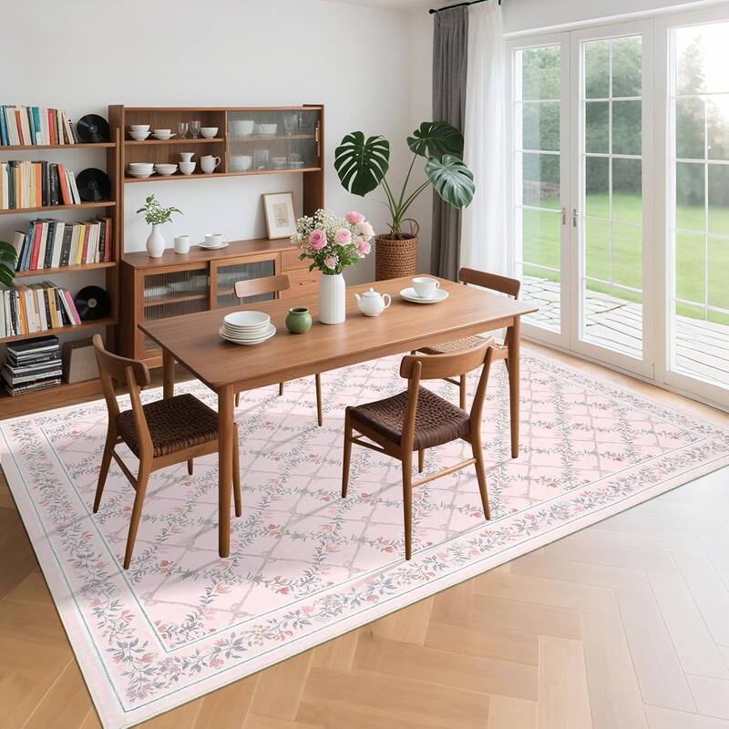 Floral Neutral Washable Hallway Low Pile Area Rug for Bedroom, Living Room, Pink Orange - 2' x 3' - Pink 10*13ft