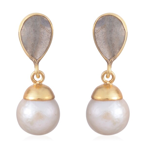 Silver Labradorite Fresh Water Pearl Silver Dangle Earrings ctw 3. Opens flyout.