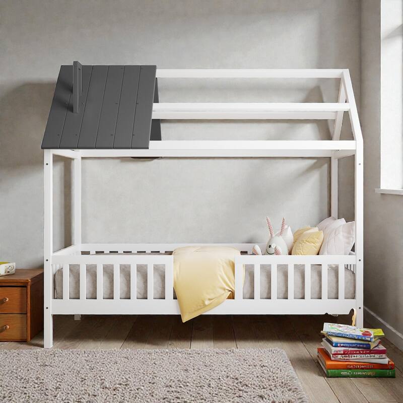 Twin Size Wooden House Bed with Fence, Roof Playhouse Design, Kids Montessori Floor Bed with Safety Rails - White Grey - Twin