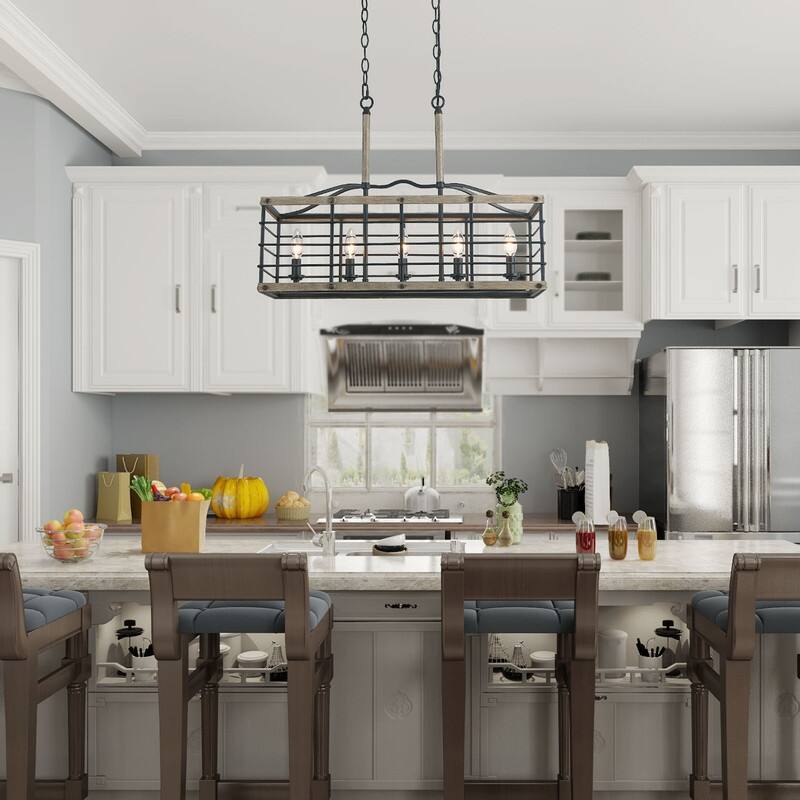 Farmhouse 5-Light Wood Grain Chandelier Kitchen Island Lights - L26"XW10.2"XH19.7"