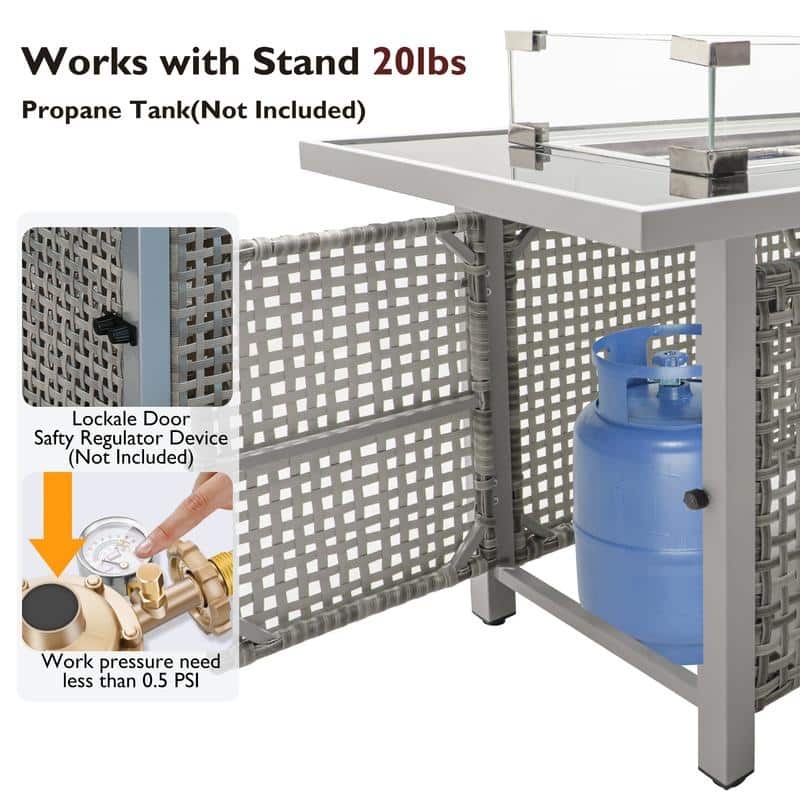 43" Propane Gas Fire Pit Table, 60000 BTU Rectangular Open Weave Wicker Fire Pit with Glass Wind Guard