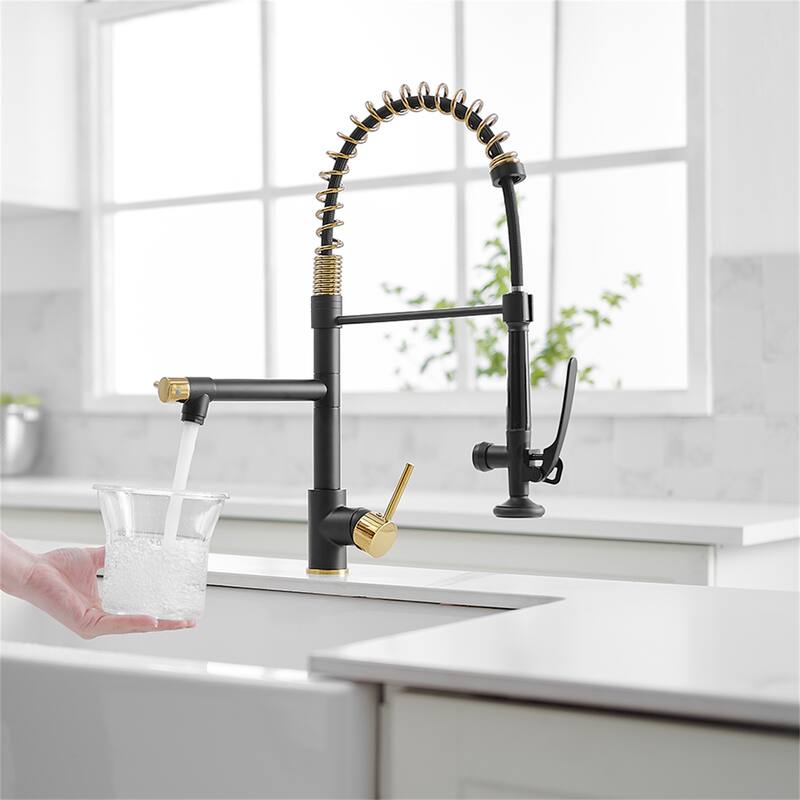 Commercial Kitchen Sink Faucet With Pull Down Sprayer Modern Single Hole Kitchen Faucets Single Handle Spring Taps - Polished Gold & Matte Black