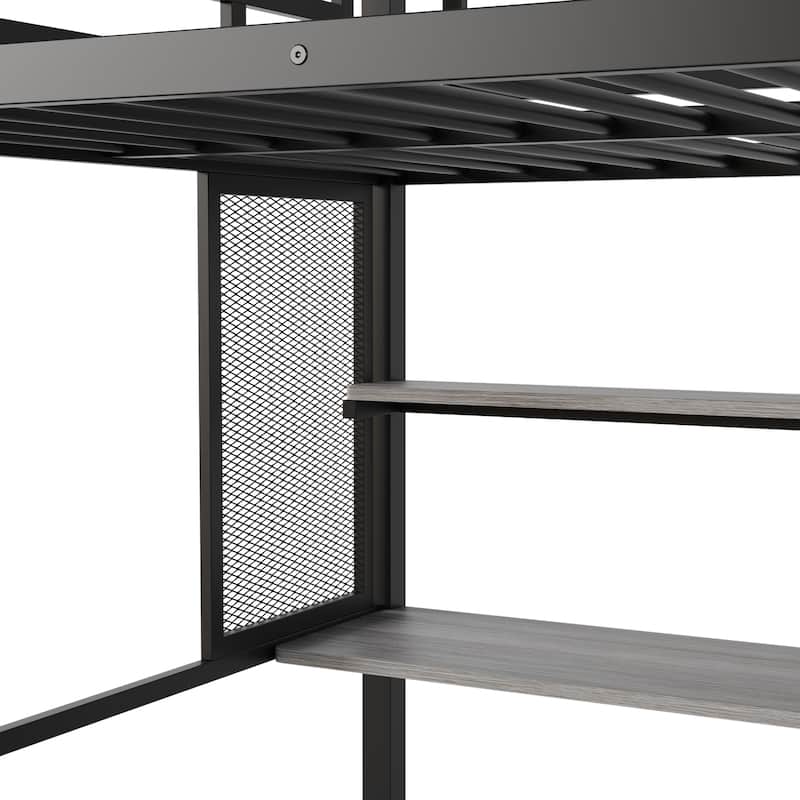 Black Full Size Metal Loft Bed with Wardrobe, Desk, and Storage Shelves