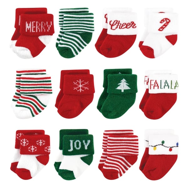 slide 1 of 1, Hudson Baby Cotton Rich Newborn and Terry Socks, 12 Days Of Christmas Falala 0-6 Months - 12 Days Of Christmas Falala