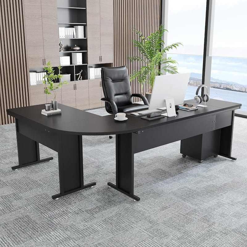 83" L-Shaped Executive Desk, Large L Office Desk with 3-Drawer Mobile File Cabinet, Business Furniture Desk Workstation - Black