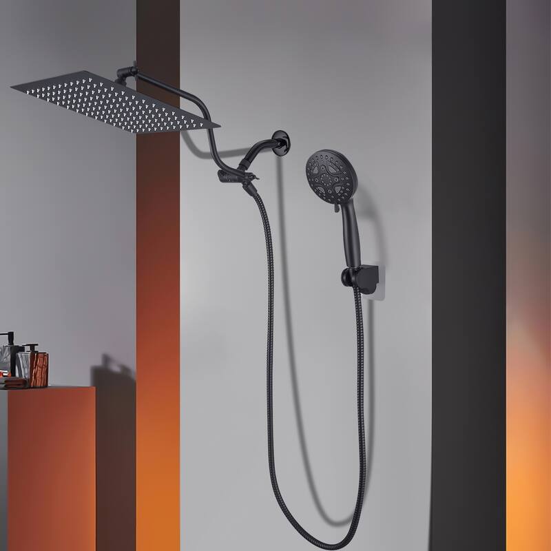 11.6 in. 7-Spray Patterns Dual Wall Mount Dual Shower Heads and Handheld Shower Head in Black