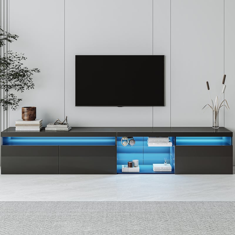 94.5" TV Stand with 2 Glass Shelves and LED Color Changing Lights for TVs Up to 105"