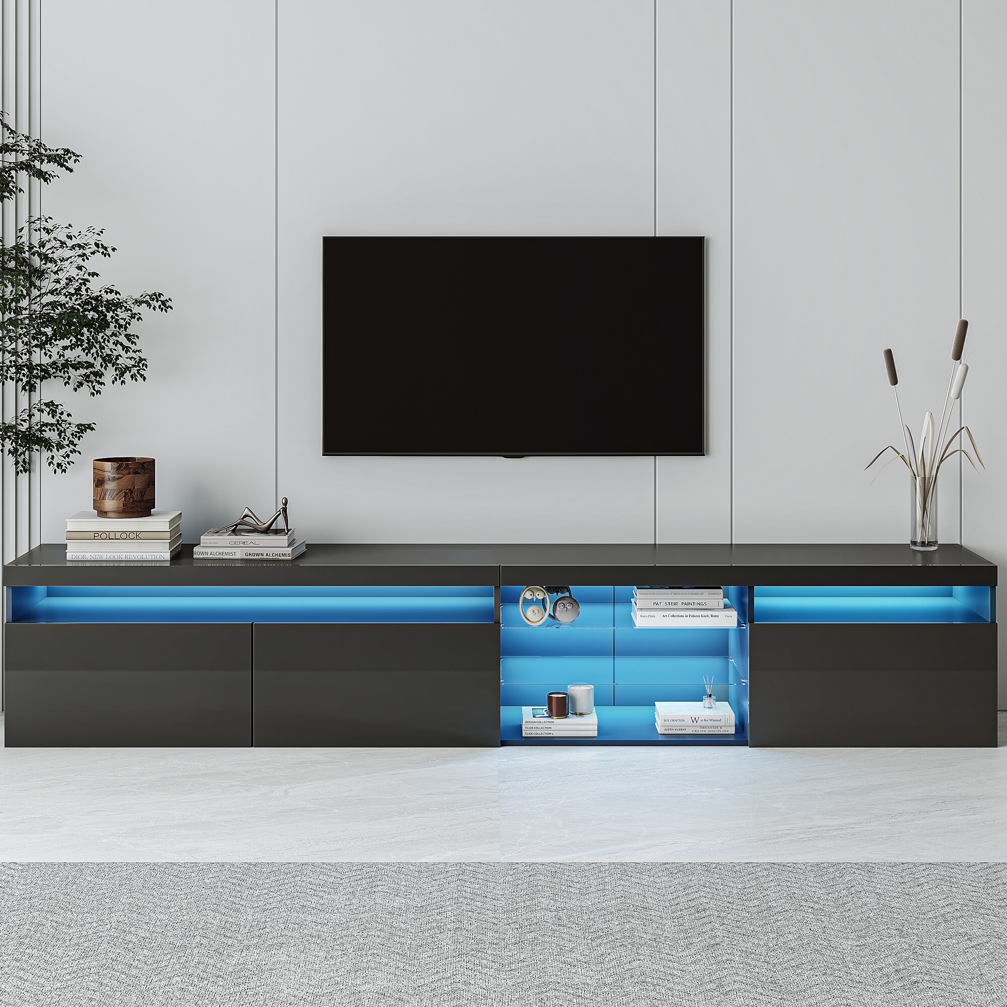94.5" TV Stand with LED Color Changing Lights, 2-Glass Shelves, Buffet Table for Living Room or Entryway