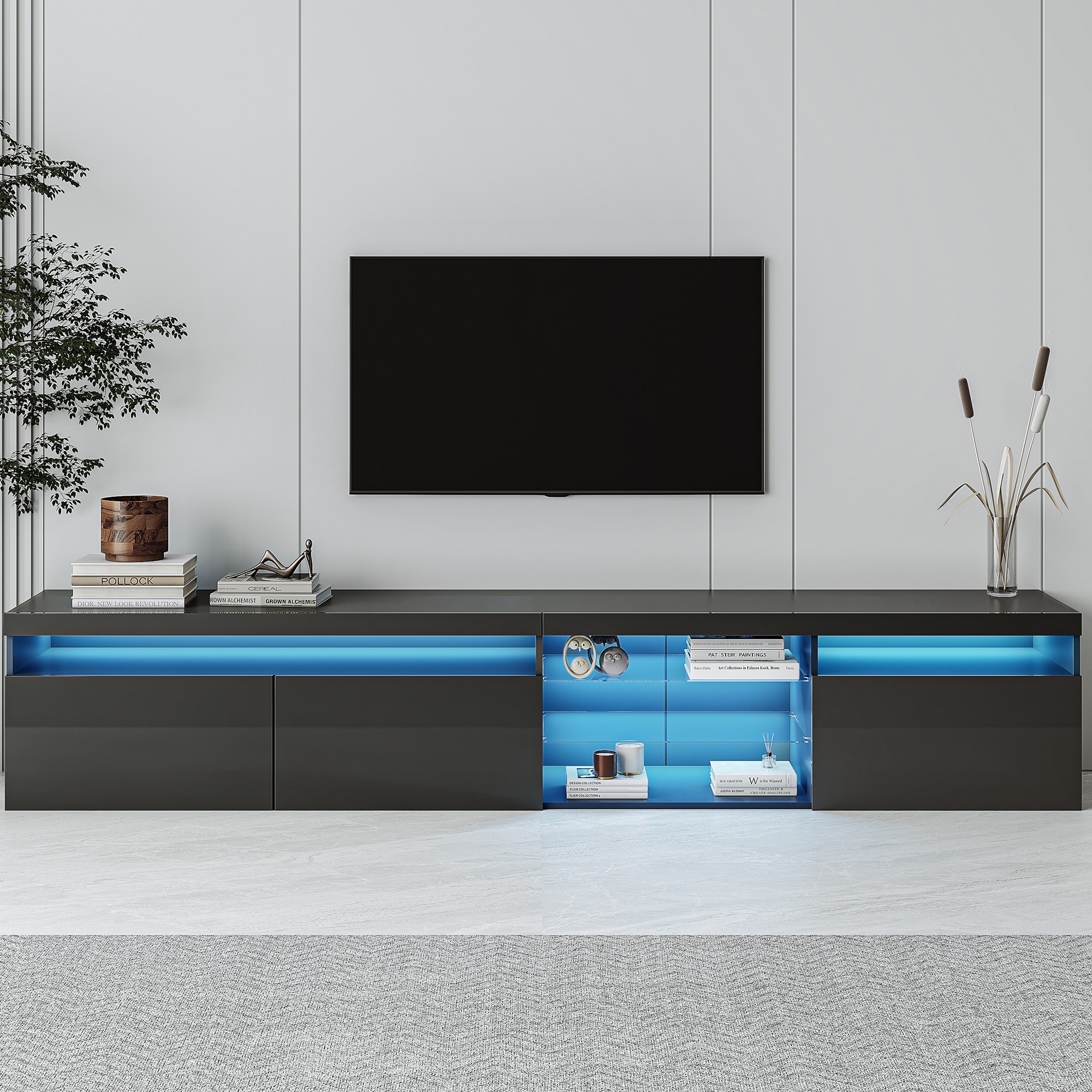 Roomfitters TV Stand, LED Media Console with Glass Shelves, Ample Storage for TVs Up to 105", Modern Black