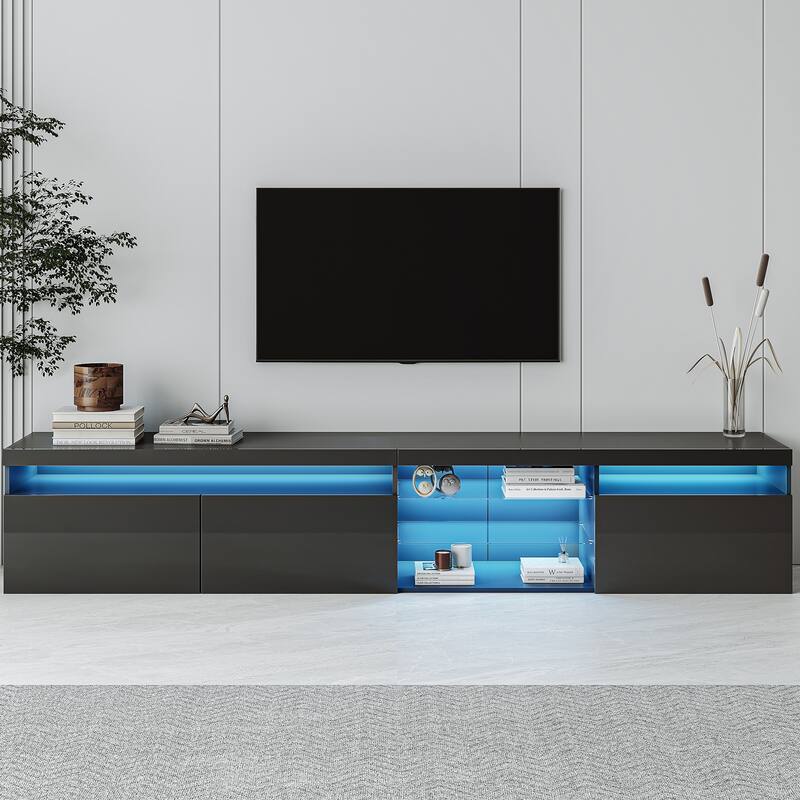 Roomfitters TV Stand, LED Media Console with Glass Shelves, Ample Storage for TVs Up to 105", Modern Black - Black