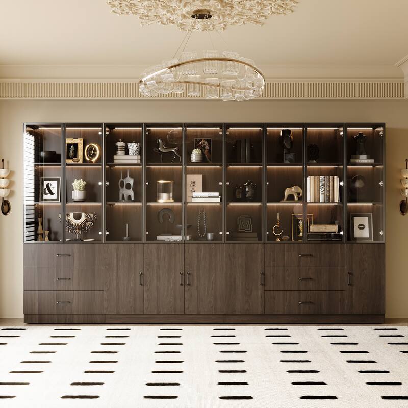 Bookshelves Bookcase Modular Glass Display Cabinet with LED Lights, Dark Wood Storage Combination Cabinet System