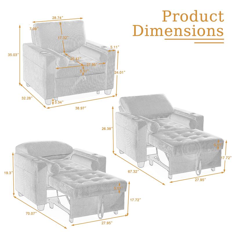 2 Set 3-in-1 Adjustable Recline Convertible Chair Bed Sleeper with USB Port