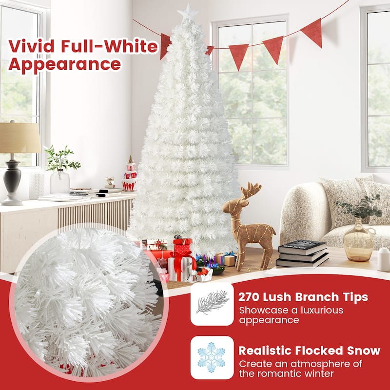 7 Feet Pre-Lit Fiber Optic White Snow-Flocked Artificial Christmas Tree ...
