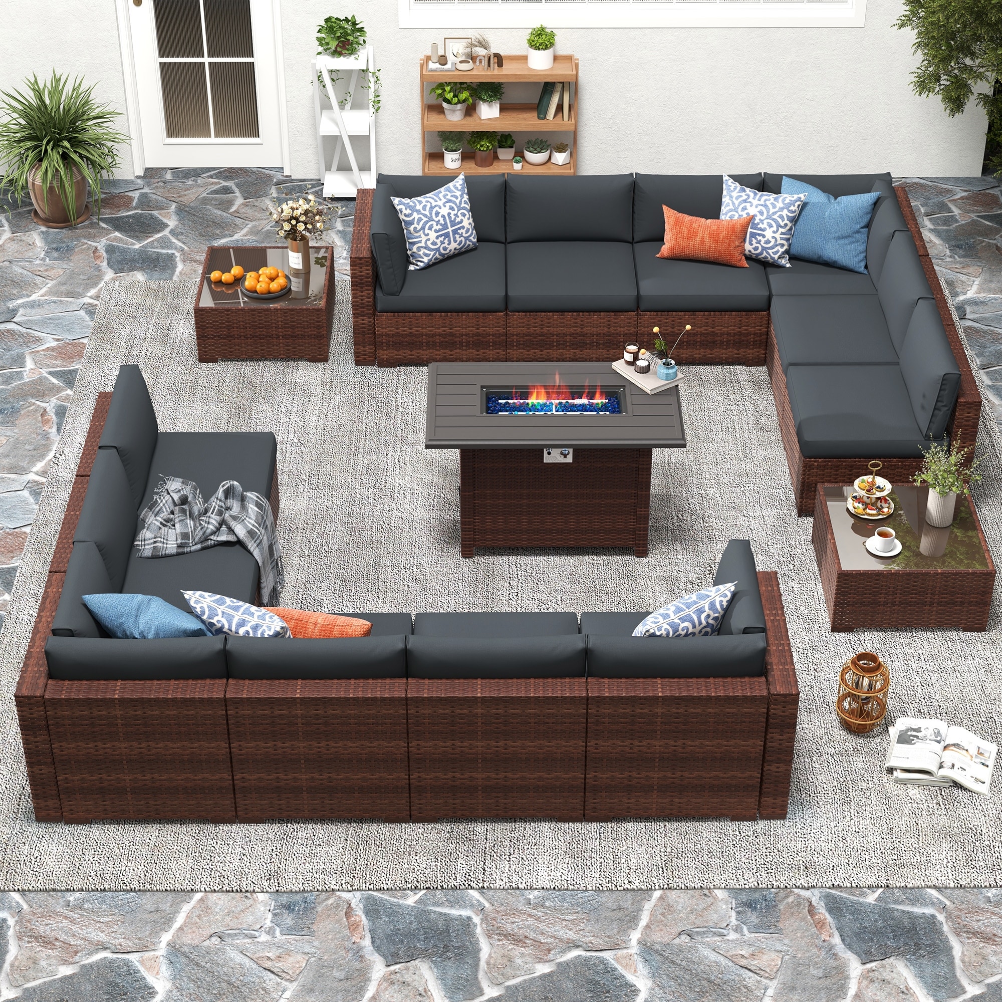 15 Piece Wicker Set Patio Sofa Furniture with Fire Pit And Table